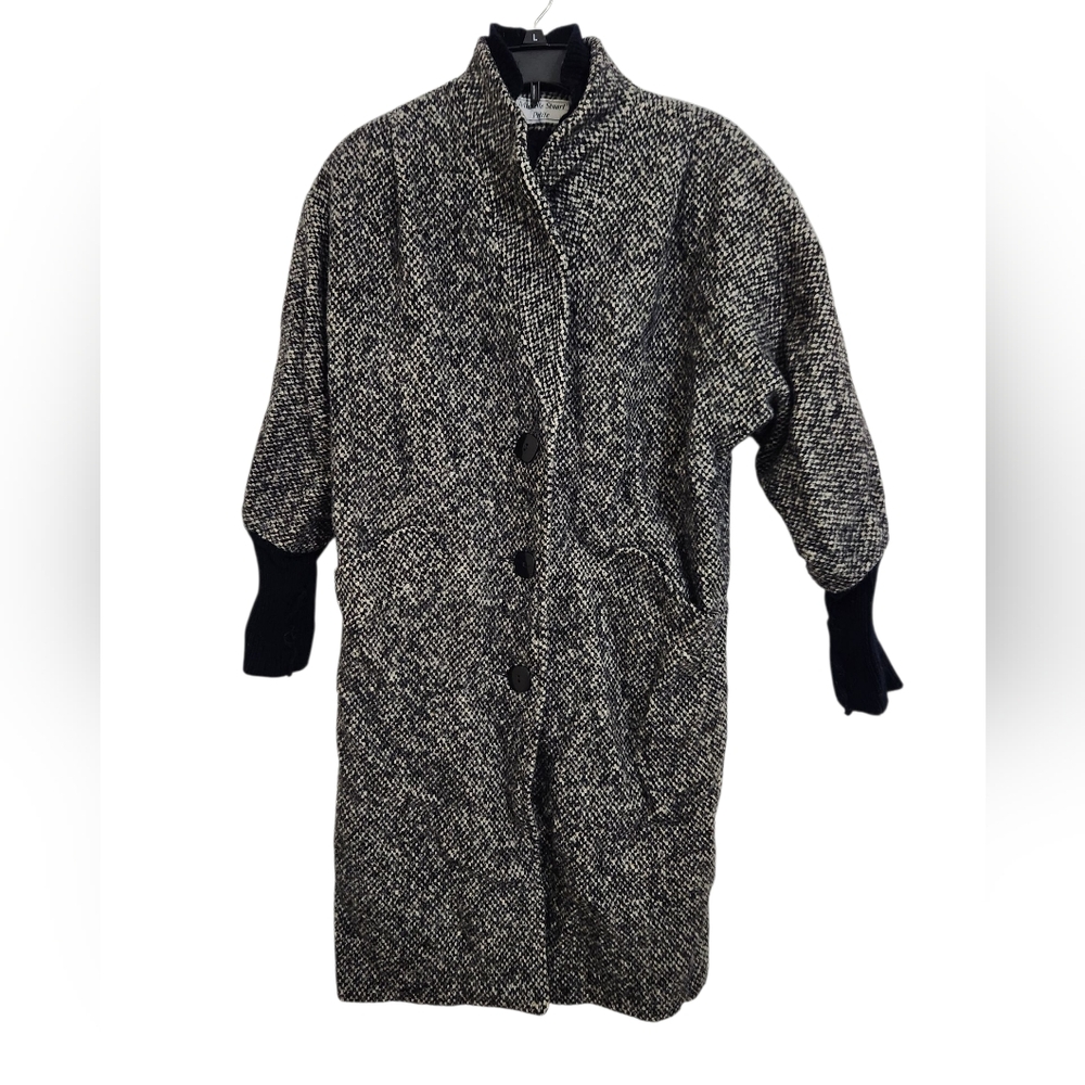 Vintage Michelle Stuart Petite Tweed Wool Blend Button Up Coat L Black White